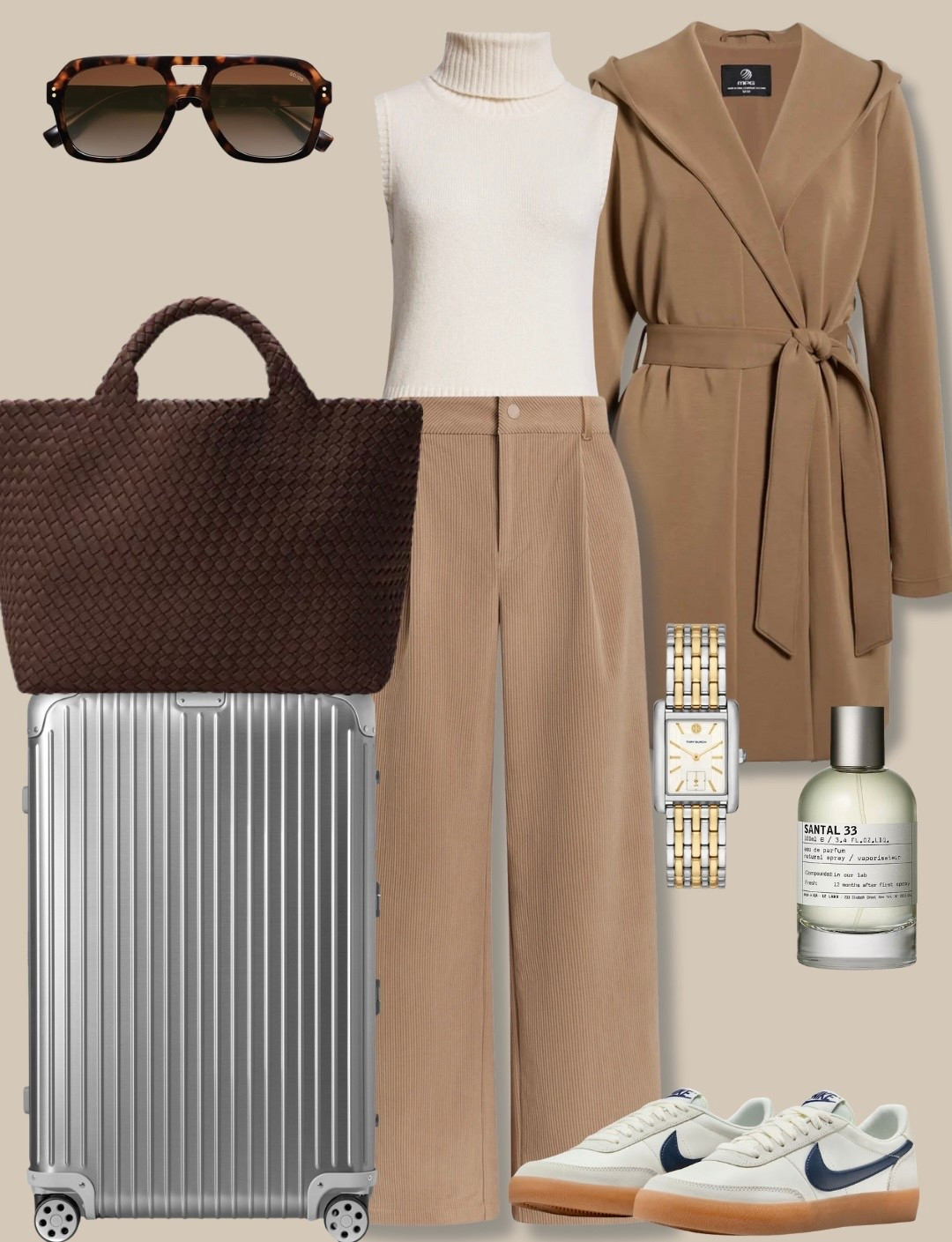 Airport outfit idea - belted cardigan, sweater turtle neck top, wide leg pants, luggage, tote bag, and accessories 
Travel outfit 

#LTKU #LTKootd #LTKTravel