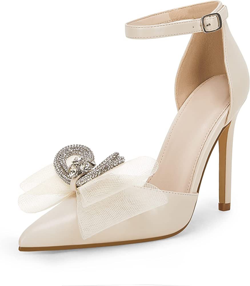 Coutgo Women's Rhinestone Bow Heels Dress Shoes High Stiletto Closed Toe Ankle Strap Wedding Brid... | Amazon (US)