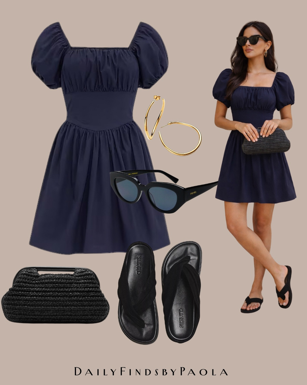 Effortless summer look ☀️
A navy puff-sleeve mini dress styled with black flip-flops, cat-eye sunnies, and a woven clutch for the easiest chic outfit. Perfect for coffee runs, brunch, or vacation days.

Want the look? Links below 😍

#LTKU #LTKSeasonal #LTKootd