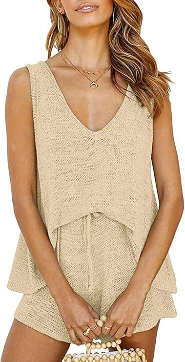 KIRUNO 2021 Women’s Sleeveless V Neck Pajama Sets Striped Print Knitted Drawstring Waist Belt S... | Amazon (US)