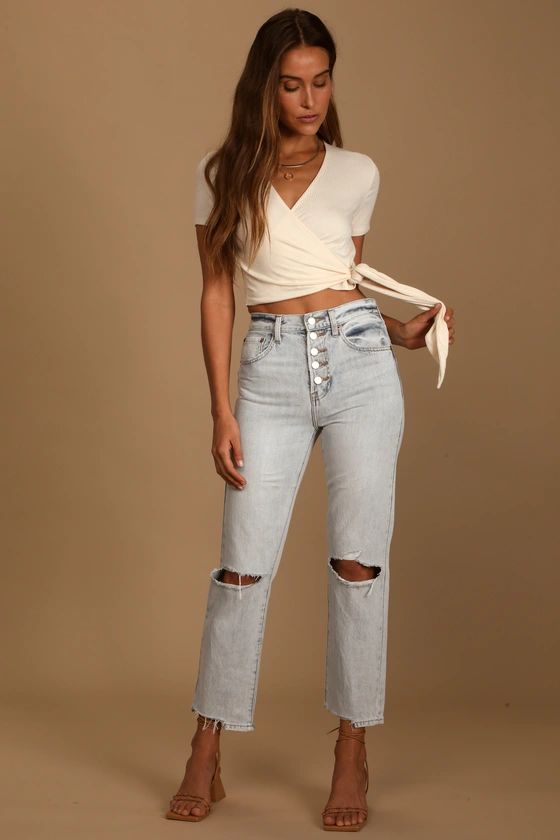 Charlie Light Wash Distressed High Rise Straight Jeans | Lulus (US)