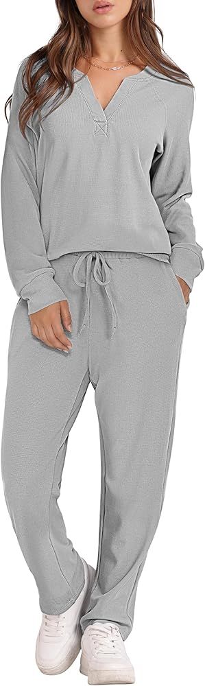 DEEP SELF Womens Waffle Knit Pajama Sets Long Sleeve Sleepwear and Long Pants Soft Pjs Loungewear... | Amazon (US)