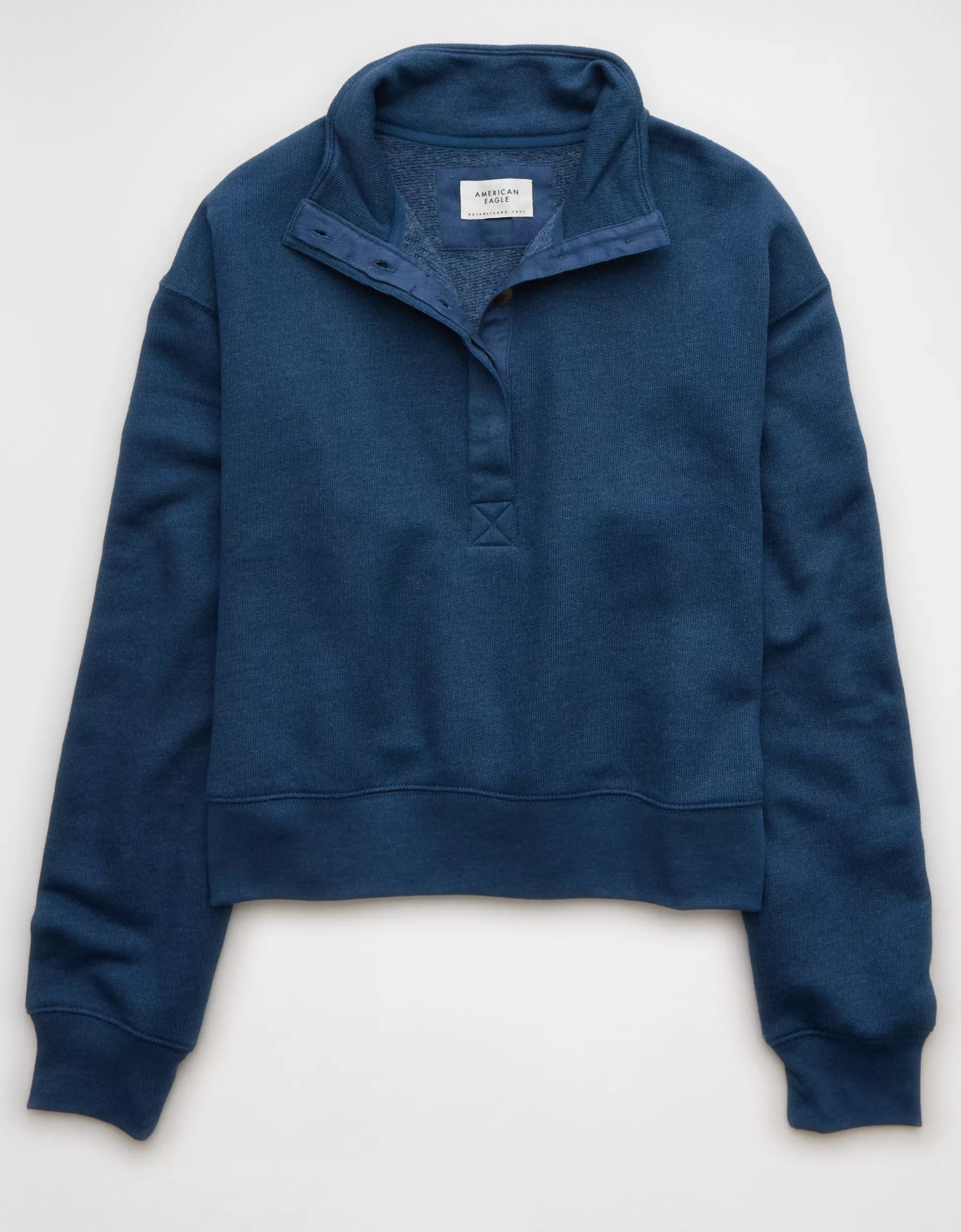 AE Cropped Henley Fleece Sweatshirt | American Eagle Outfitters (US & CA)