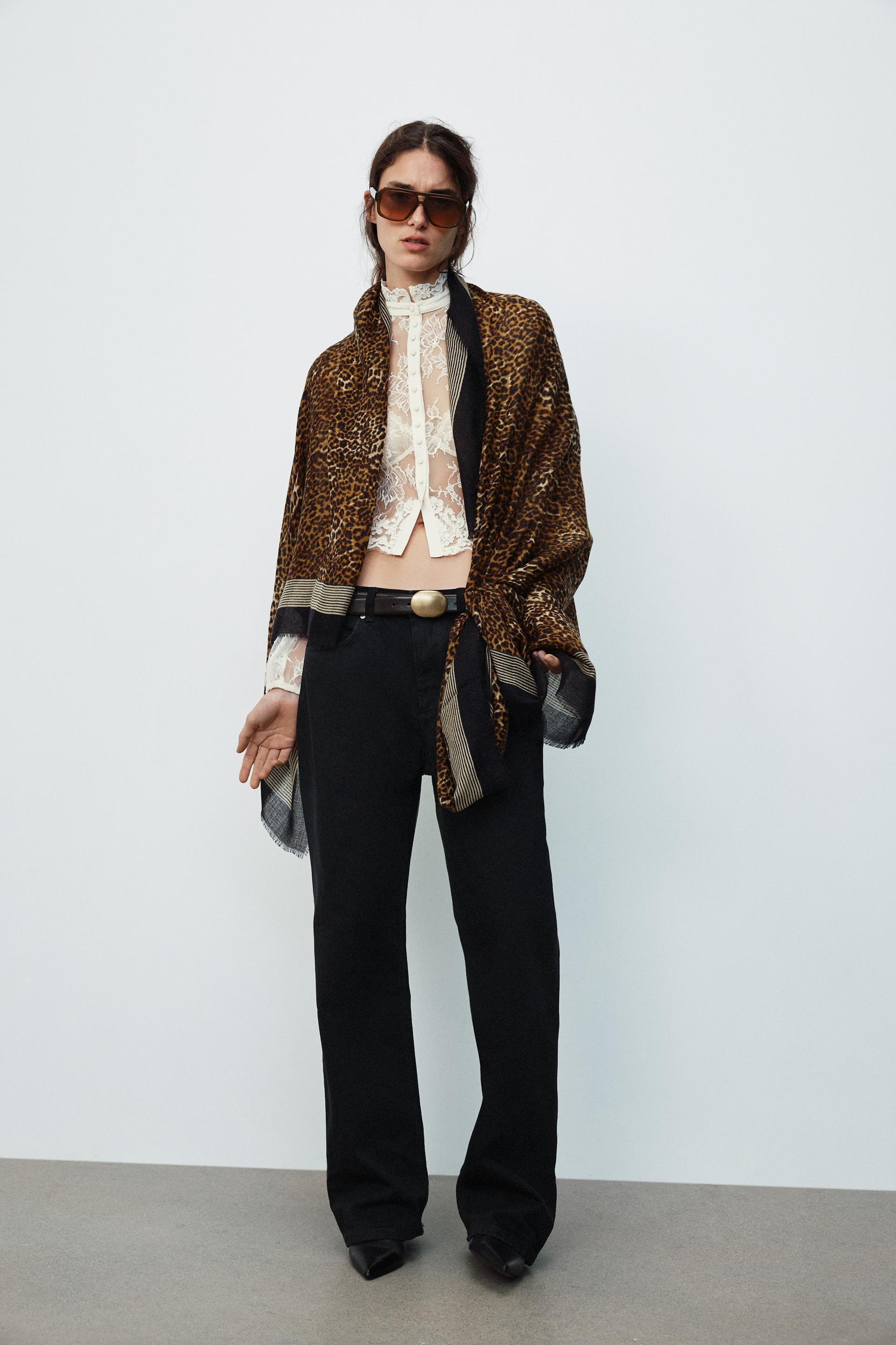 Zara - Wool-Blend Animal-Print Striped Scarf - Leopard - M - Woman | Zara US
