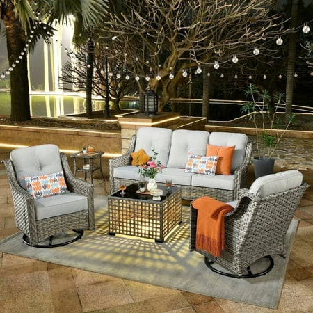 Ovios 5 Pieces Outdoor Patio Furniture Set High-Back Rattan Wicker Conversation Set Outdoor Sectional with Swivel Chairs & Solar Light Coffee Table, Grey | Walmart (US)