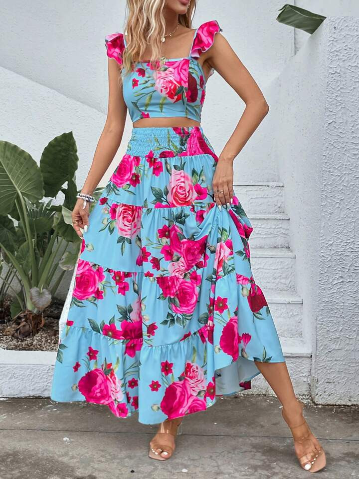 SHEIN VCAY Floral Print Ruffle Trim Crop Top & Layered Ruffle Hem Skirt | SHEIN