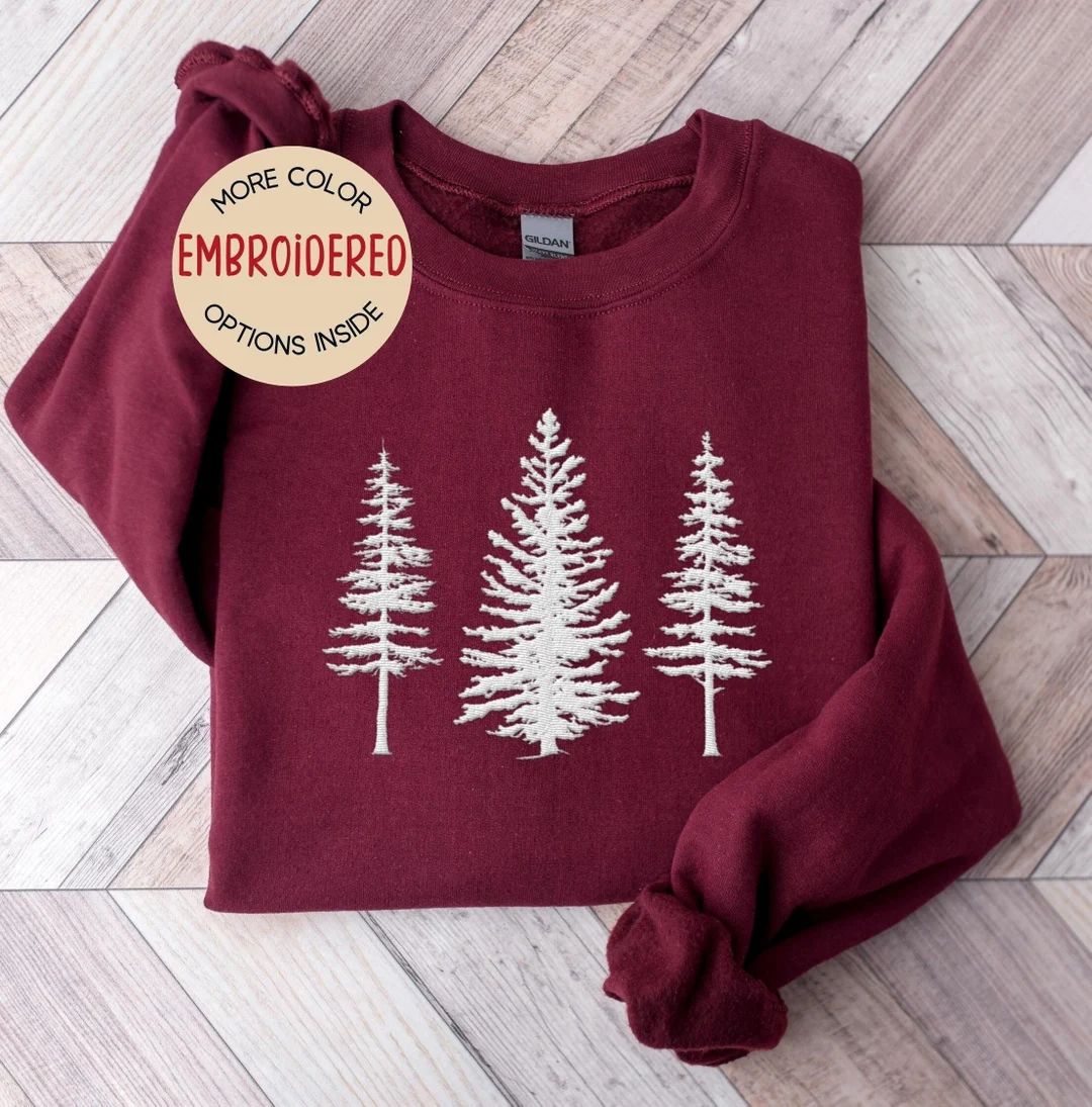 Embroidered Pine Trees Sweatshirt Camping Sweatshirt - Etsy | Etsy (US)