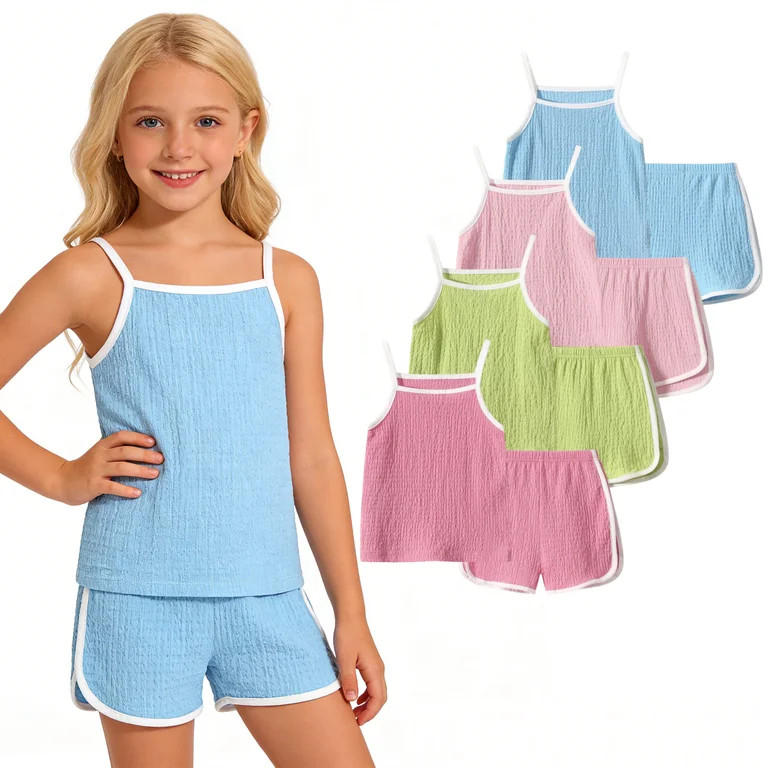 Fdqin Girls Summer Clothes 8 Pcs Cami Tank Top and Shorts Beach Sets Casual Summer Outfits for Ki... | Walmart (US)