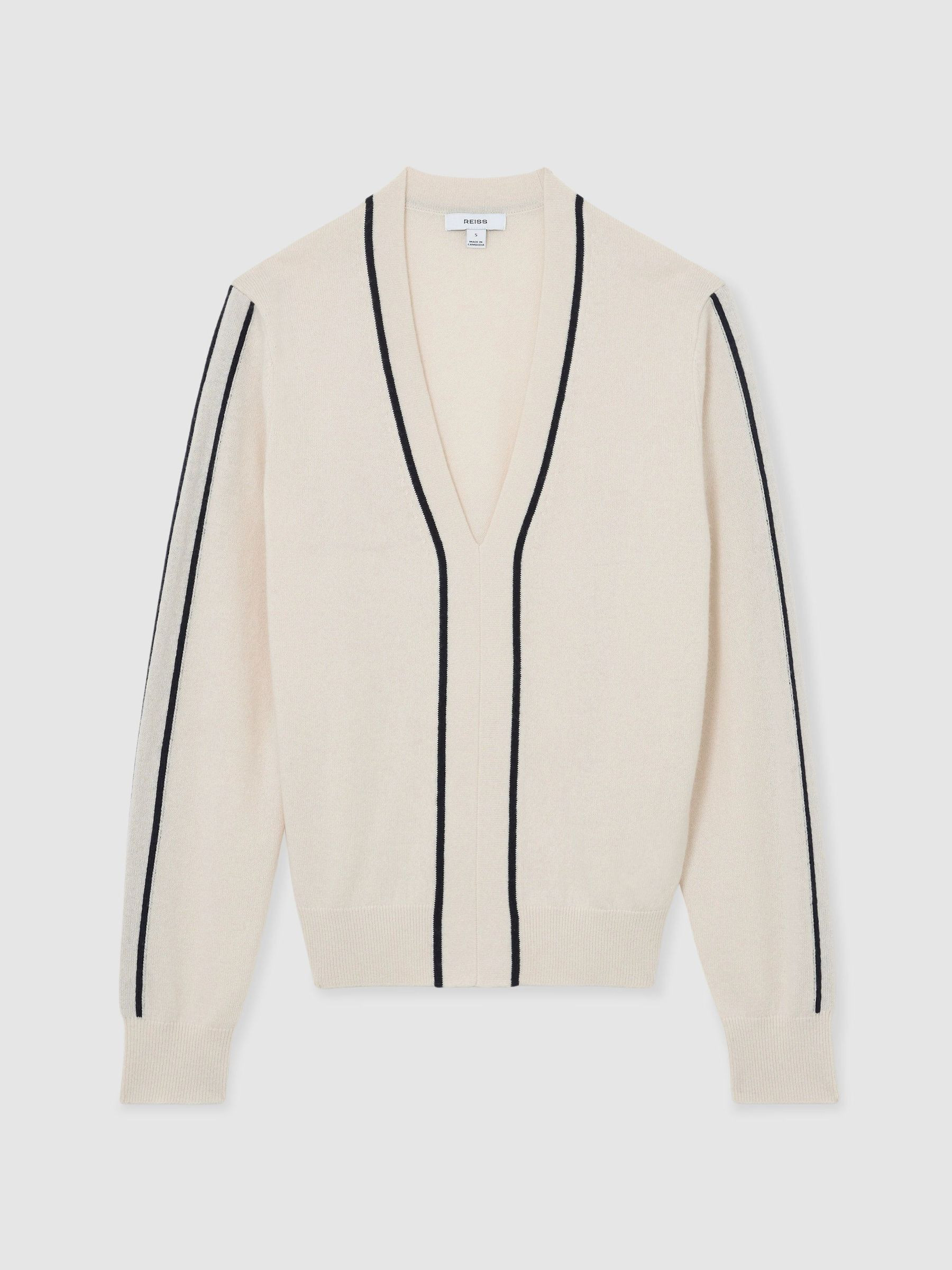 Reiss Wool-Blend V-Neck Stripe-Detail Jumper with Cashmere in Ivory/Navy | REISS | Reiss US