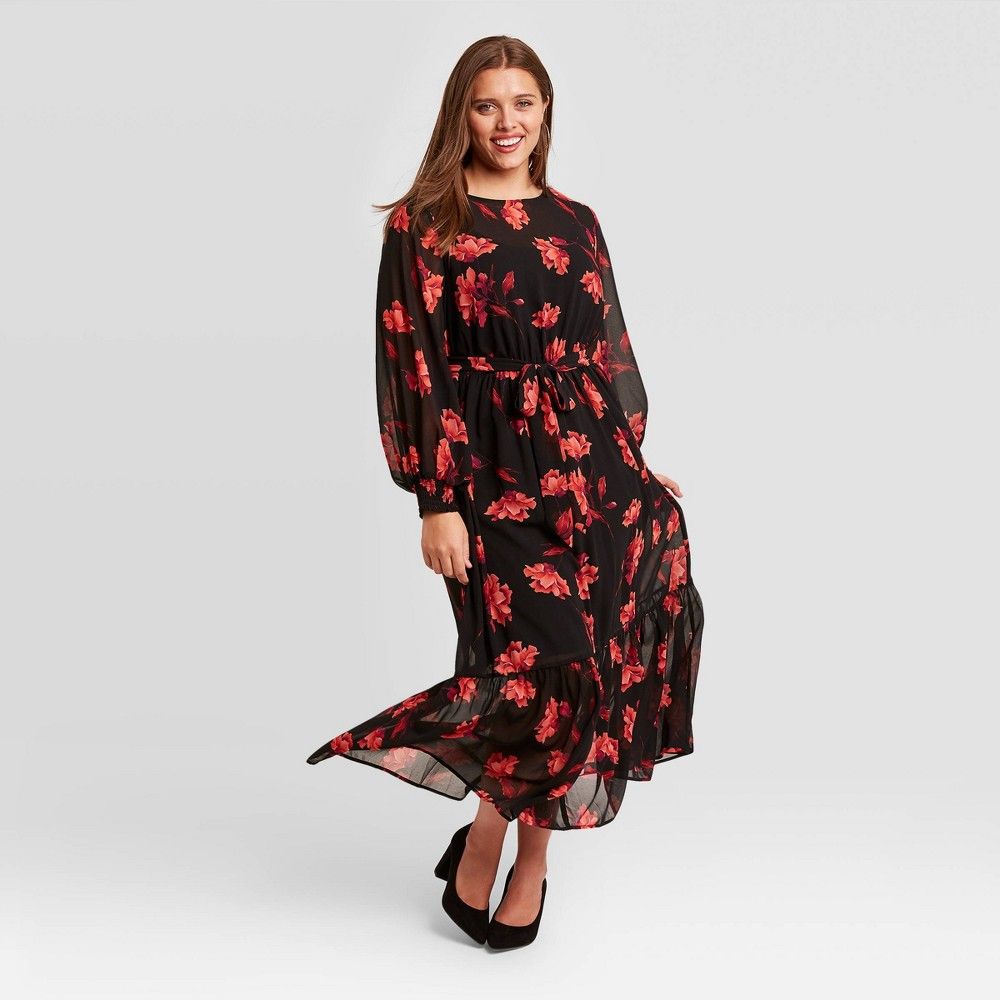 Women's Plus Size Floral Print Long Sleeve Dress - Ava & Viv Black X | Target