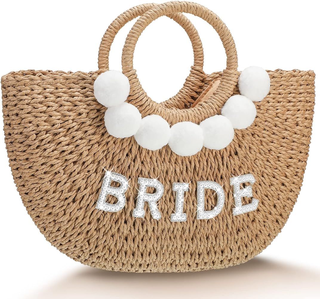 Bride Straw Beach Bag Rhinestone Pearl Letters Hand Woven Bride Bag Handle Beach Tote Bag for Bac... | Amazon (US)