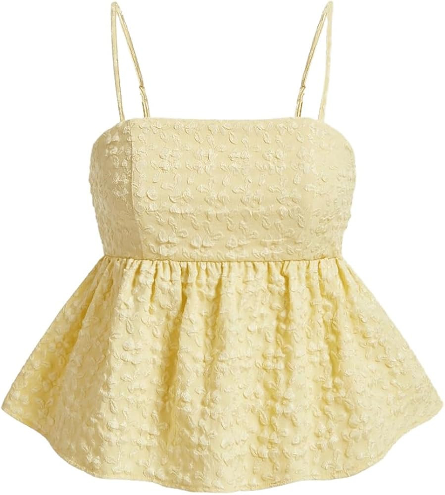 SOLY HUX Women's Spaghetti Strap Ruffle Hem Peplum Cami Top Jacquard Camisole | Amazon (US)