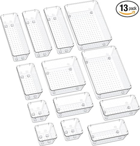 SMARTAKE 13-Piece Drawer Organizers with Non-Slip Silicone Pads, 5-Size Desk Drawer Organizer Tra... | Amazon (US)