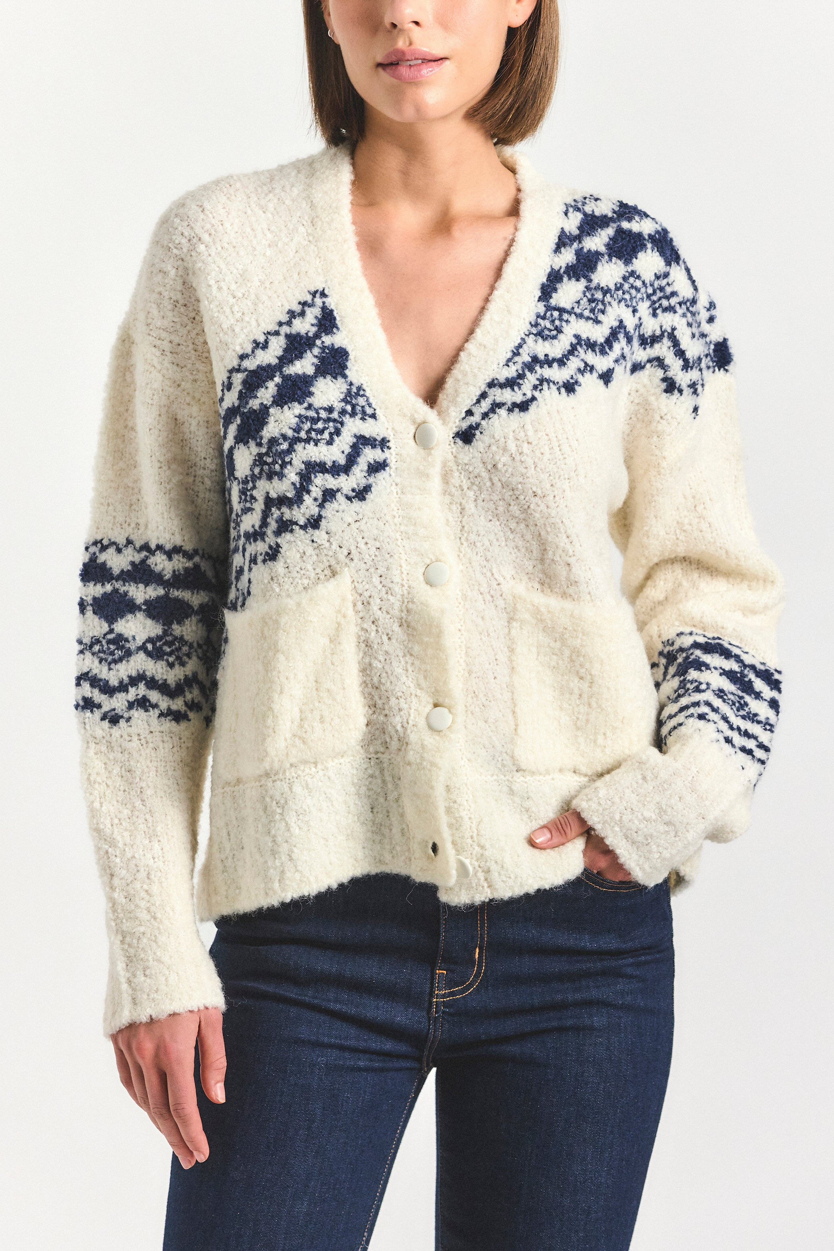 Bette Fair Isle Cardigan - White/Navy | Derek Lam