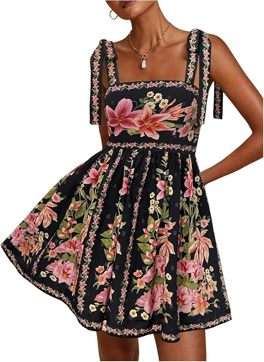 OYOANGLE Women's Floral Sleeveless Boho Beach Dress Tie Shoulder Summer Short Dress Flowy A Line ... | Amazon (US)