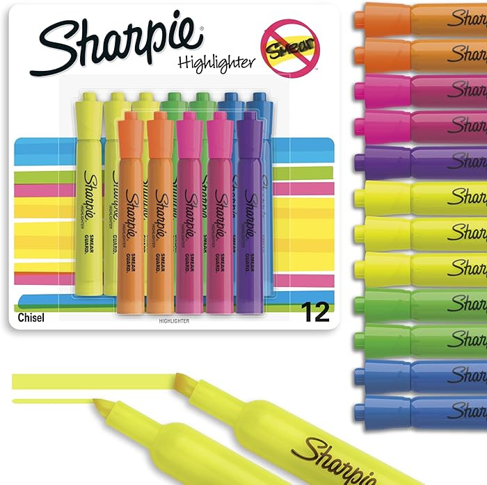Sharpie Tank Highlighters, Chisel Tip, Assorted Fluorescent, Six Assorted Colors, 12 Count - Back... | Amazon (US)