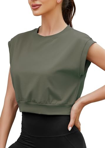 Mippo Crop Workout Tops Athletic Exercise Shirts Workout Tank Cropped Tank Cap Sleeve Running Tops Army Green XL | Amazon (US)