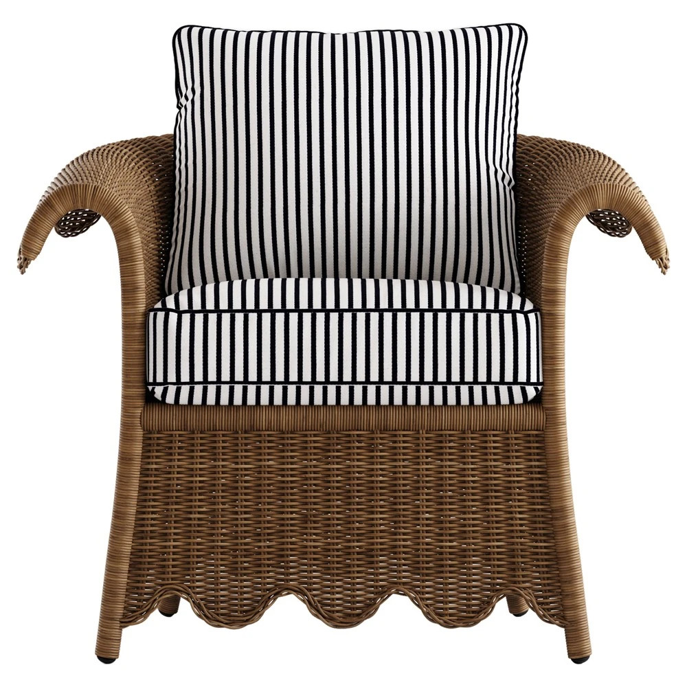 Cielo Coastal Navy Stripe Sunbrella Brown Woven Wicker Scalloped Outdoor Lounge Chair | Kathy Kuo Home