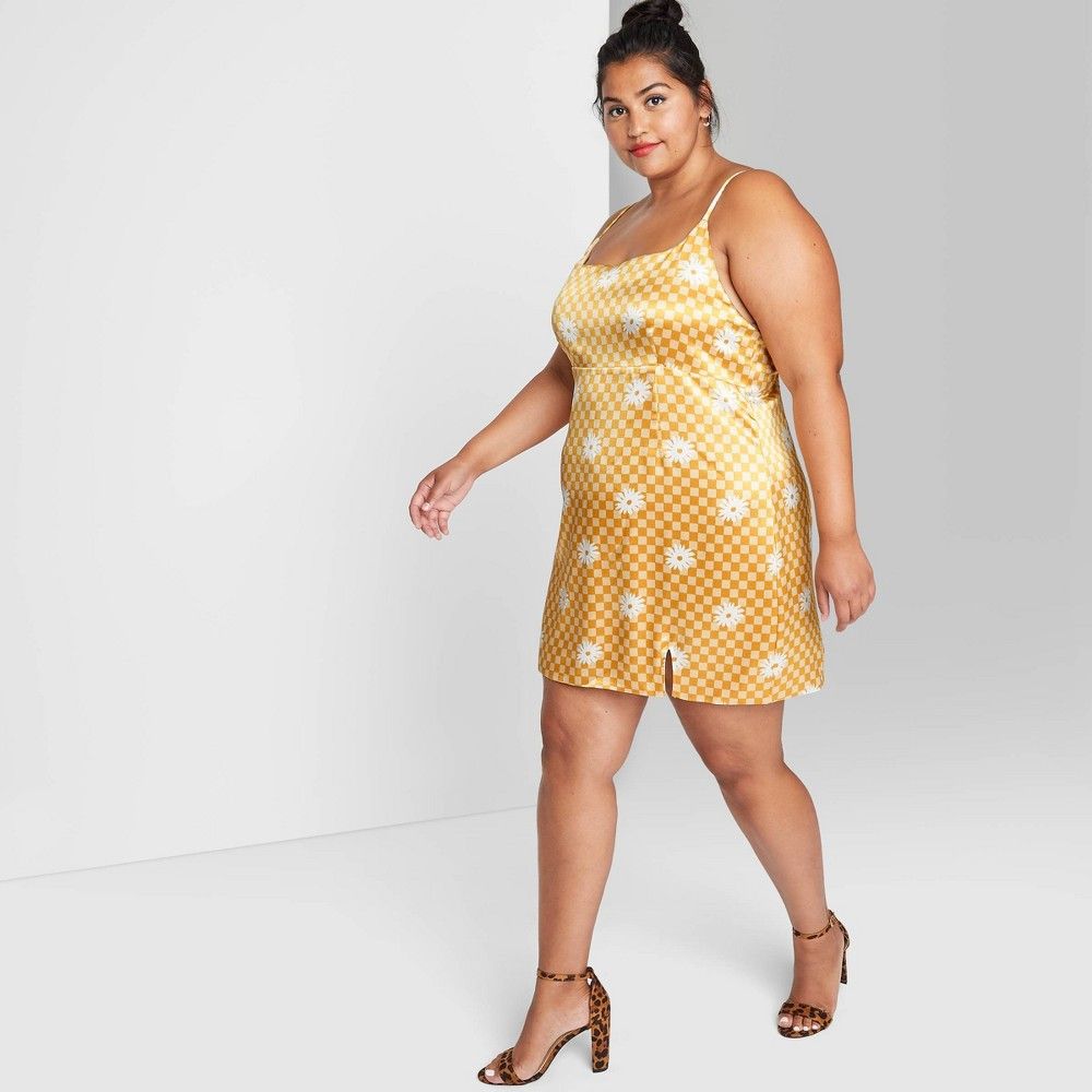 Women's Plus Size Notch Slip Dress - Wild Fable Yellow Check 2X | Target