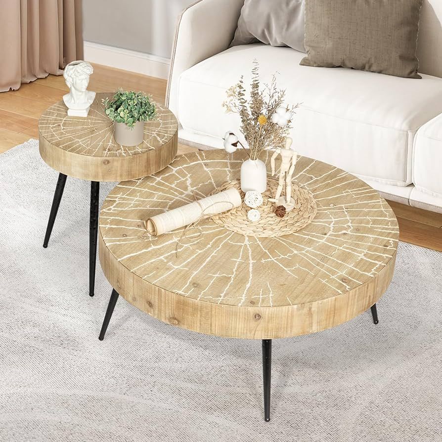 Wnutrees Farmhouse Living Room Coffee Table Set of 2,Round Solid Wood End Table,Hand Crackles,Fre... | Amazon (US)