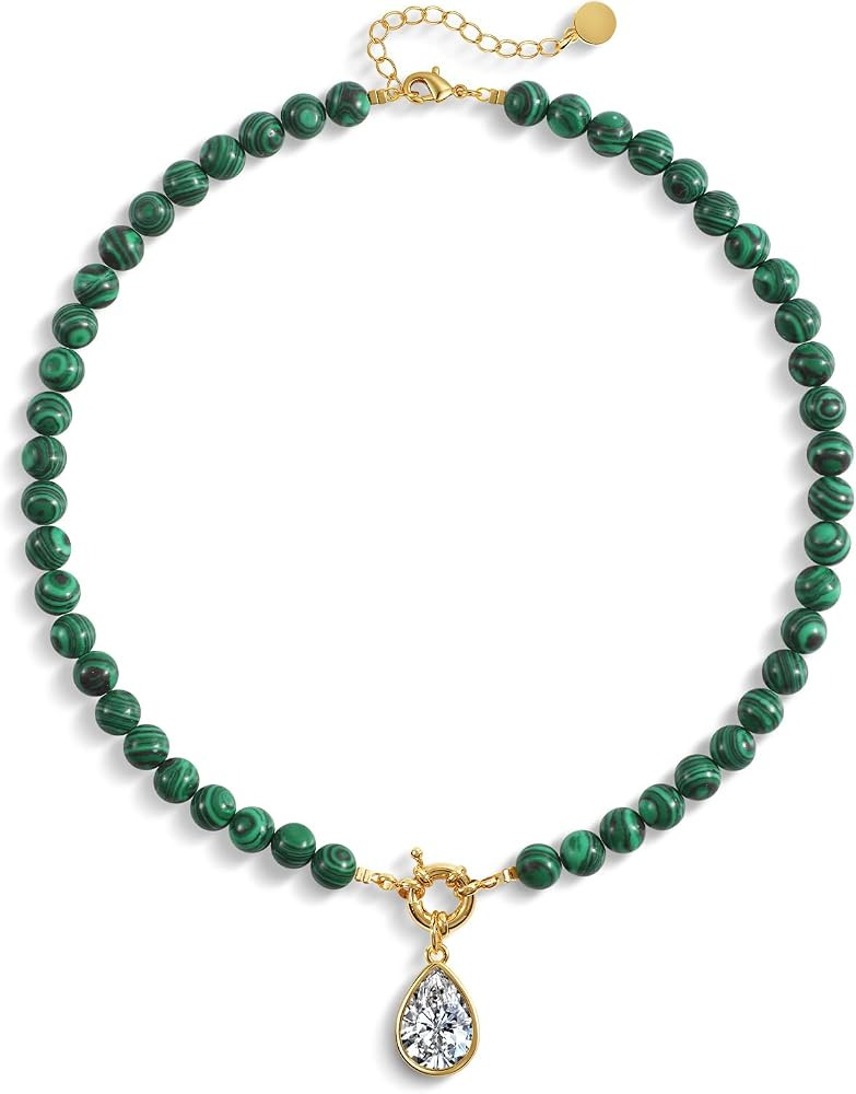 Beaded Gemstone Necklaces for Women Boho Beaded Choker Necklace CZ Diamond Water Drop Pendant Nec... | Amazon (US)
