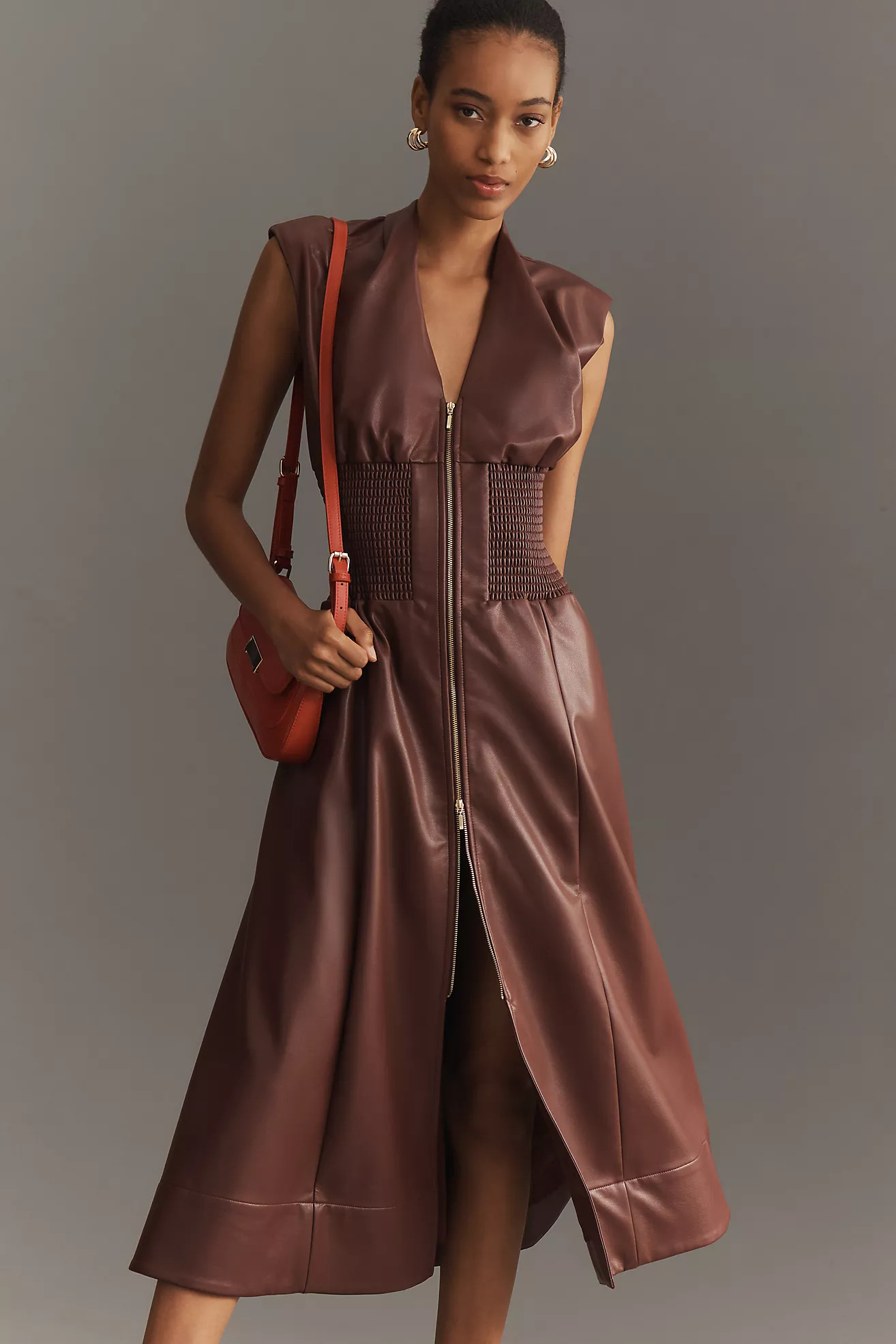 The Tommie Cap-Sleeve Smocked Front-Zip Shirt Dress: Faux Leather Edition | Anthropologie (US)