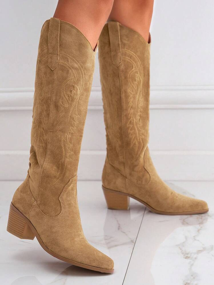 Women's Casual Pointed Toe Western Embroidered Slip-On Fleece Lined Winter Boots  | SHEIN