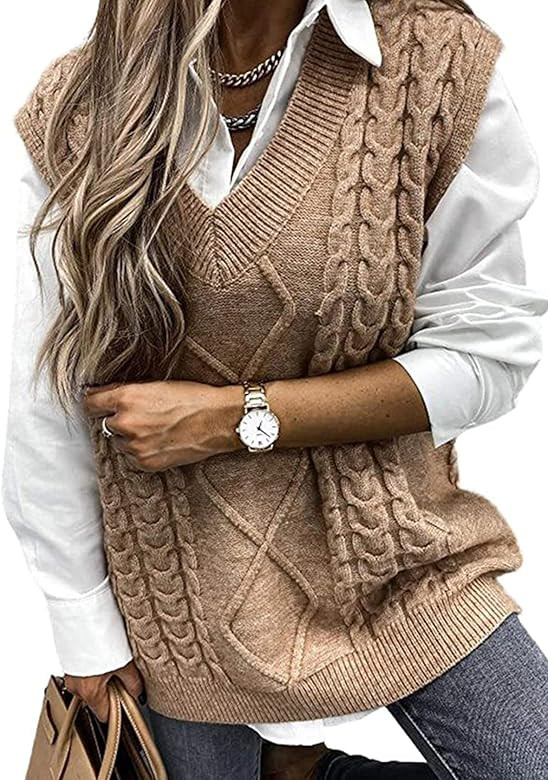 Sweezarmo Womens V Neck Cable Knit Sweater Vest Solid Color Oversized Sweater Casual Sleeveless P... | Amazon (CA)