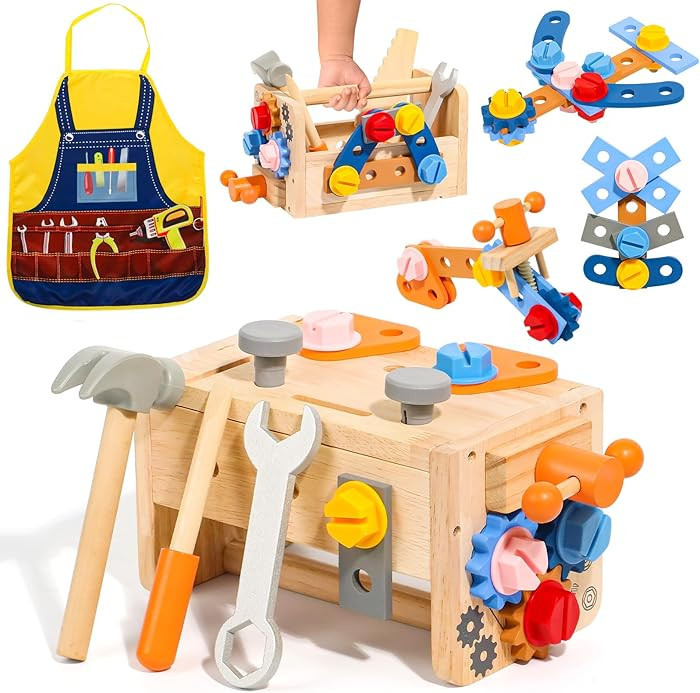 TONZE Kids Tool Set with Apron, Wooden Toddler Tool Bench Box Montessori Toys for 2 3 4 Year Old ... | Amazon (US)