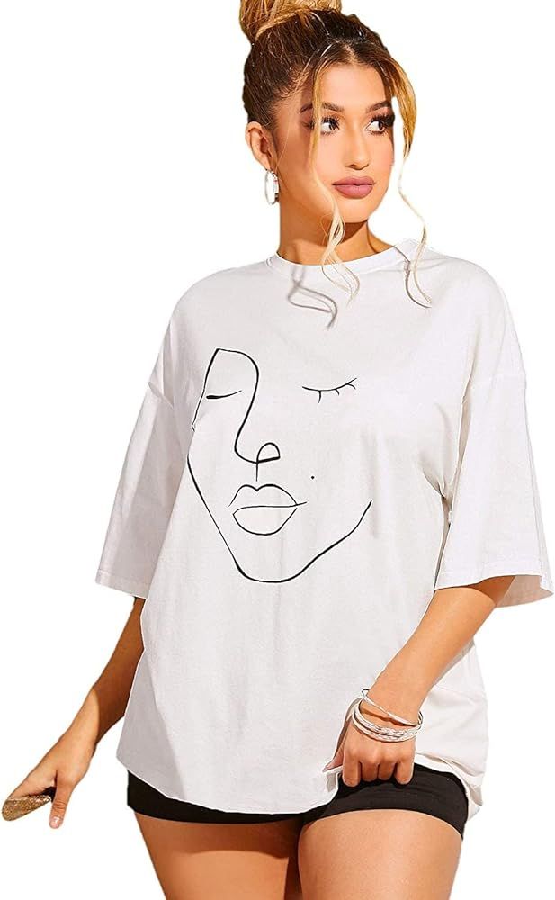 GORGLITTER Women's Figure Graphic Oversized Printed Tees Loose Half Sleeve Round Neck T Shirt | Amazon (US)
