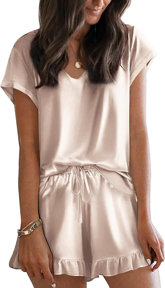 Ekouaer Silk Pajamas for Women Short Sleeve Satin Sleepwear Two Piece Pj Sets with Ruffled Shorts... | Amazon (US)