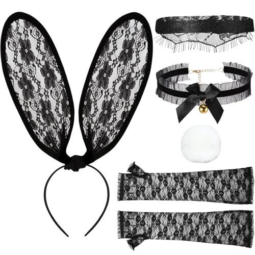 Cozypower Halloween Bunny Costume Accessories Set with Rabbit Ear Headband Eye Mask Gloves Collar Tail for Women(Black) | Amazon (US)