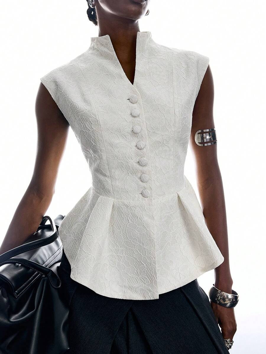LYSMO Women's Summer Elegant Solid Color Lace Sleeveless Blazer Office White | SHEIN