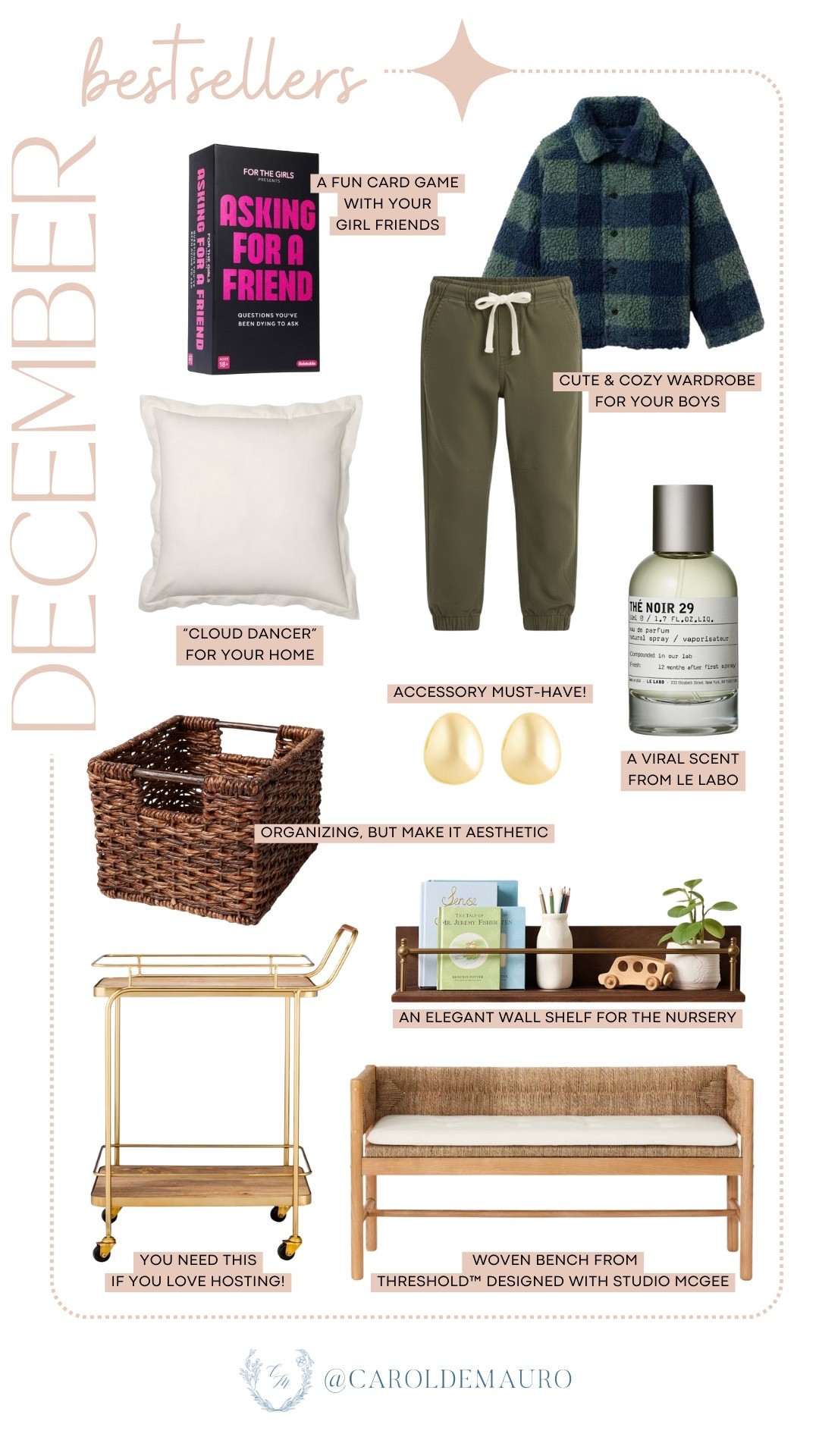 Rounding up December favorites you’ve been loving. A fun card game for nights in with girl friends, cozy and cute wardrobe finds for boys, that viral Le Labo scent everyone talks about, plus beautiful home pieces like an elegant wall shelf, woven bench, and more. So many good finds in one place!

kids clothing, viral product, home must have, furniture finds, top picks, best seller, design tips

#LTKSeasonal #LTKHome #LTKU