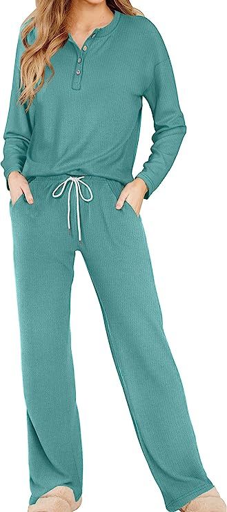 OFEEFAN Woman's Lounge Sets Button Up Pajama Set Winter Long Sleeve 2 Piece Outfits With Pockets | Amazon (US)