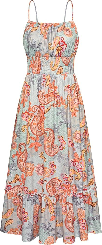 GRACE KARIN Summer Dresses for Women 2026 Vacation,Smocked Floral Maxi Dress,Boho Beach Sundress ... | Amazon (US)