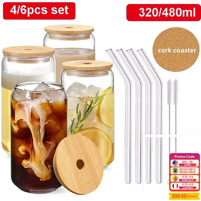 Glass Cup With Bamboo Lid And Straw Bubble Tea Cup Glasses Cups Transparent Beer Can Coffee Cup C... | Ali Express BR