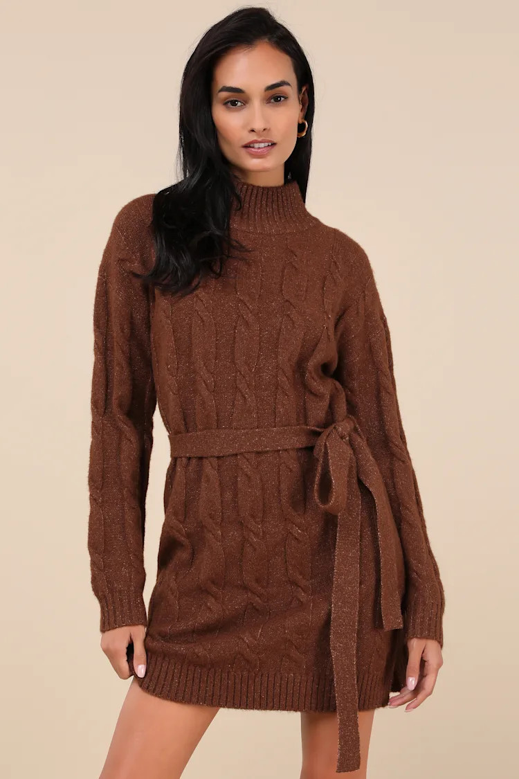 Warmed Up To You Brown Cable Knit Mock Neck Sweater Dress | Lulus