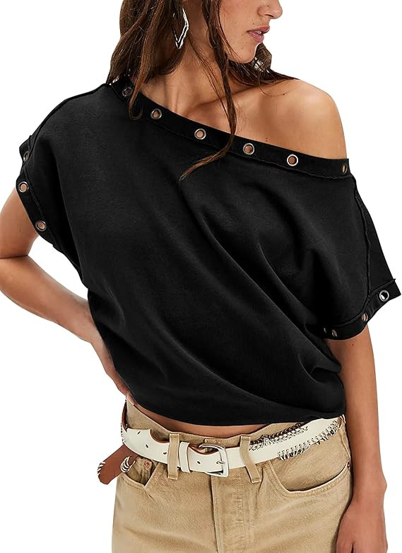 Ziesexy Off The Shoulder Tops for Women Trendy Y2k Batwing Short Sleeve T Shirts 2026 Summer Grom... | Amazon (US)