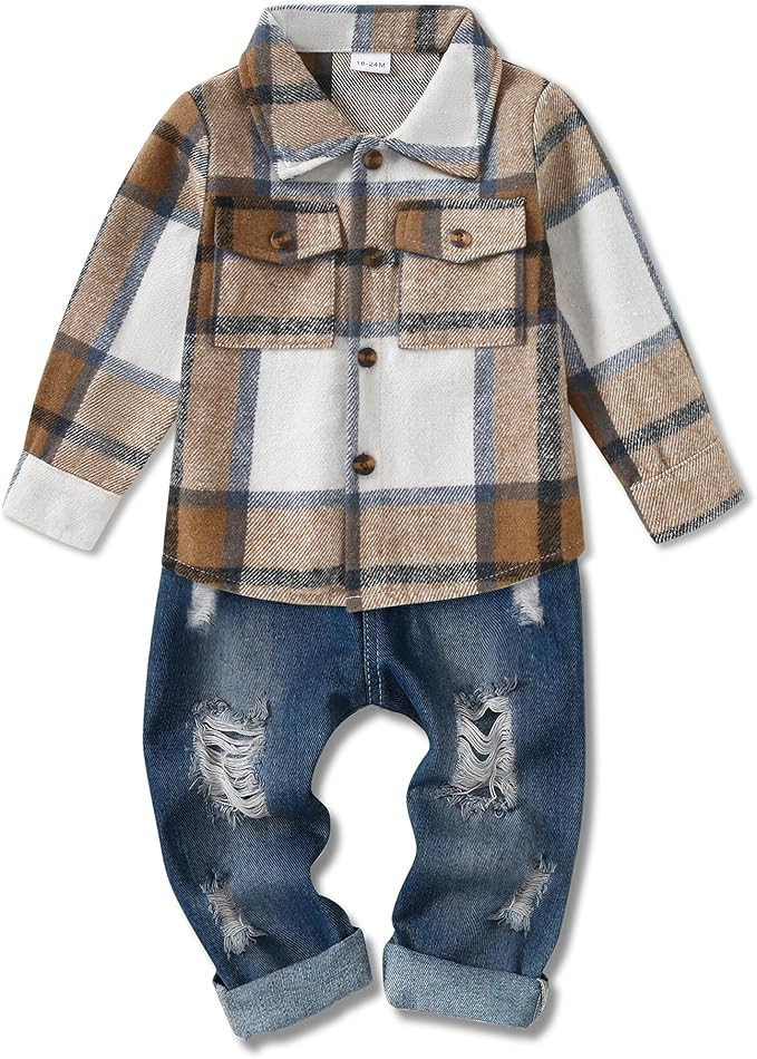 WESIDOM Toddler Boy Clothes Long Sleeve Collar Plaid Shirts Jacket Ribbed Jeans Pants Sets 1-6T B... | Amazon (US)