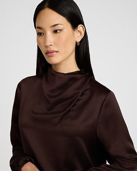 Satin Button Mock Neck Long Sleeve Top | Express