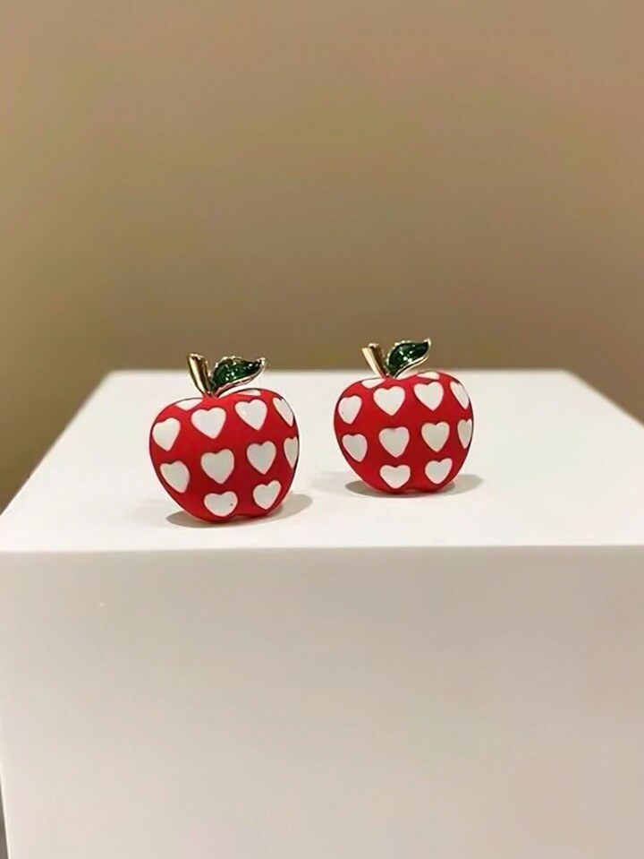 1pair Metal Red Apple Shape & Oil Drop White Love Pattern Stud Earrings, Cute Gift For Ladies | SHEIN