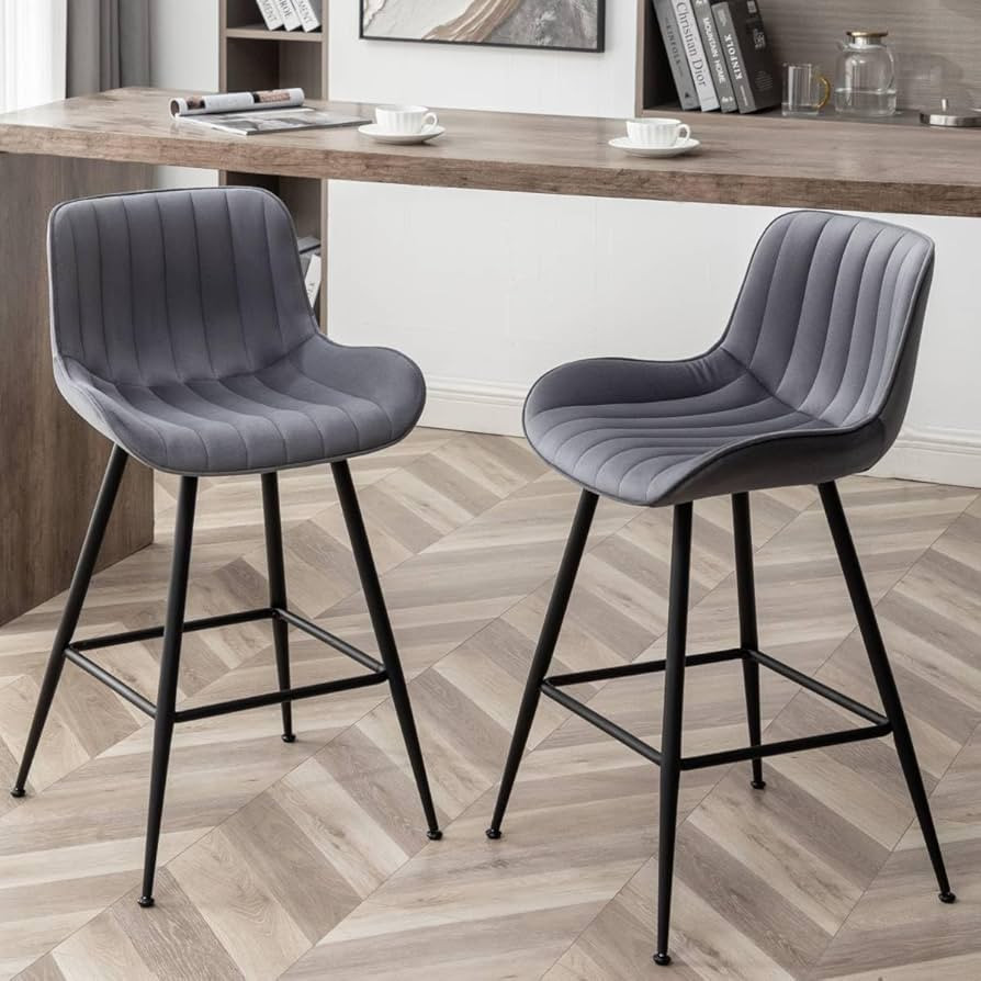 Counter Height Bar Stools, Modern Velvet Barstools Set of 2 with Black Legs and Fabric Seat and B... | Amazon (US)