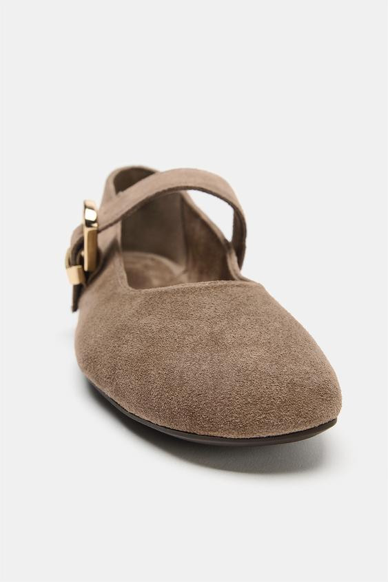 Zara - Split Suede Ballet Flats - Taupe Grey - 9 - Woman | Zara UK