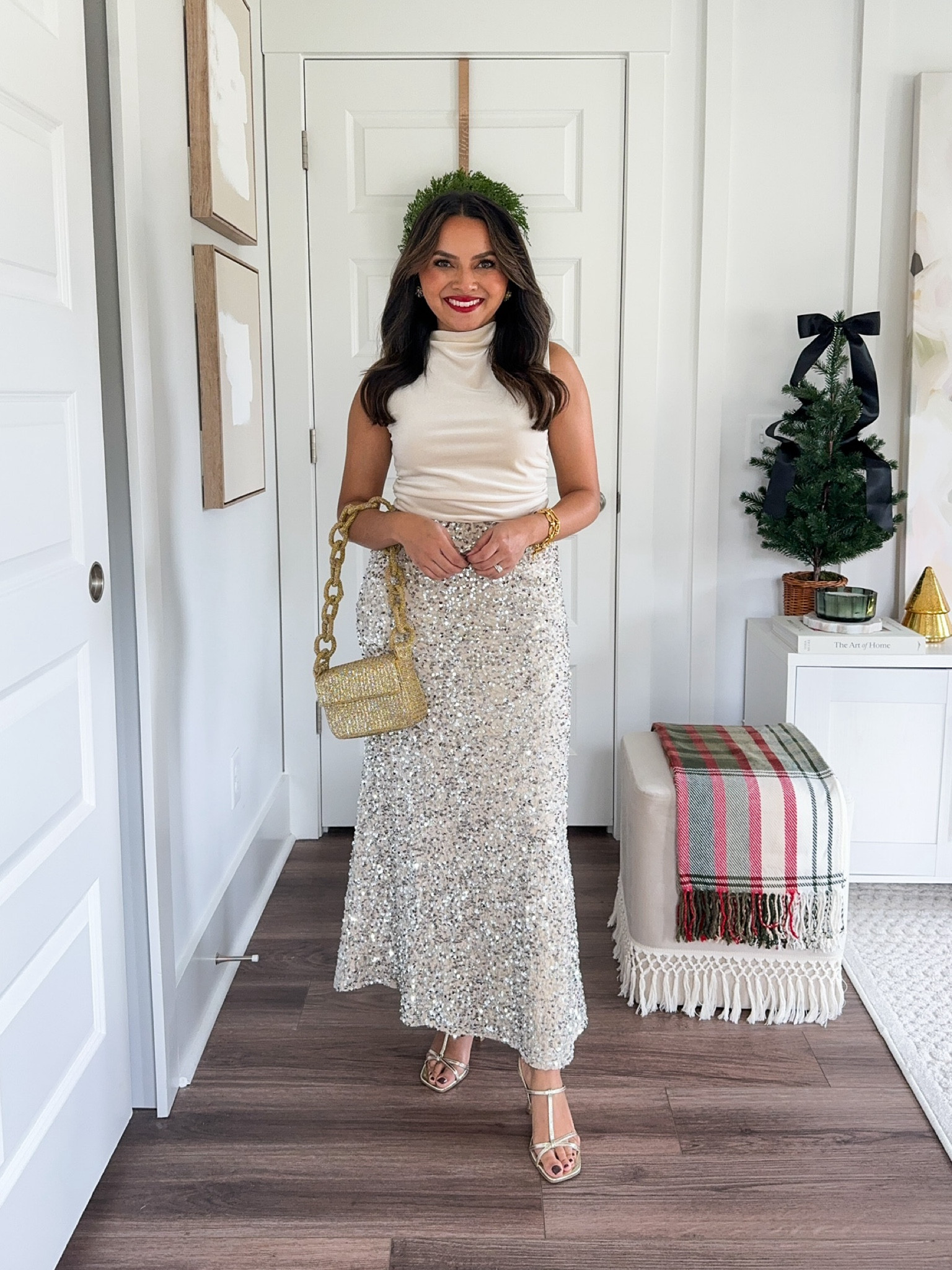 Champagne top size XS petite TTS
Champagne sequin skirt size XS - a little snug in the waist , I’d size up a size
Gold heels size 5 TTS 

Red lipstick shade 21 Rouge Paradox

Holiday Outfits 
Holiday style 
Christmas outfit 
Holiday party
Christmas style 
Christmas party 

Honey Sweet Petite 
Honey sweet petite 

#LTKHoliday #LTKParties #LTKStyleTip