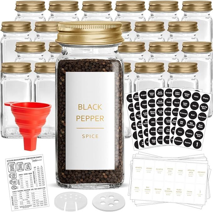 24 Gold Glass Spice Jars with 2 Types of Preprinted Spice Labels. Commercial Grade, Complete Set:... | Amazon (US)