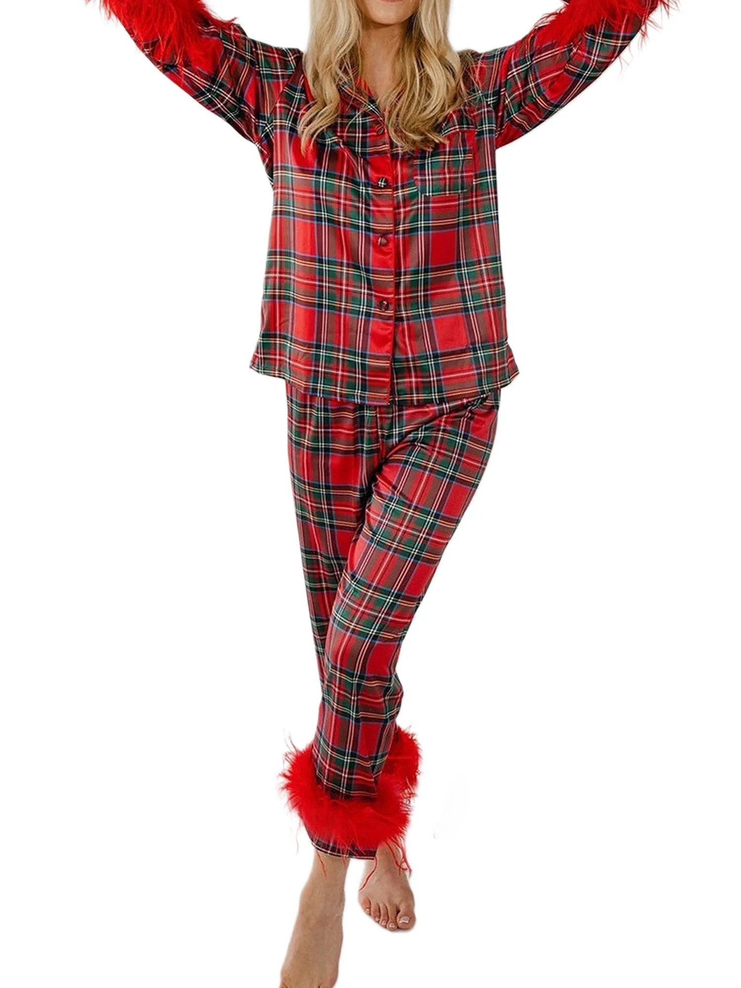 Wallarenear Christmas Pajama Set for Women Button Down Fur Trim Shirt Tops Pants Loungewear | Walmart (US)