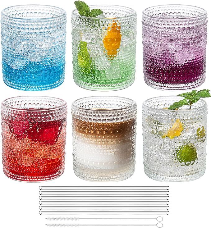 Hobnail Drinking Glasses, 13 oz Vintage Drinking Glasses Set of 6, Includes 6 Glass Straws, Ribbe... | Amazon (US)