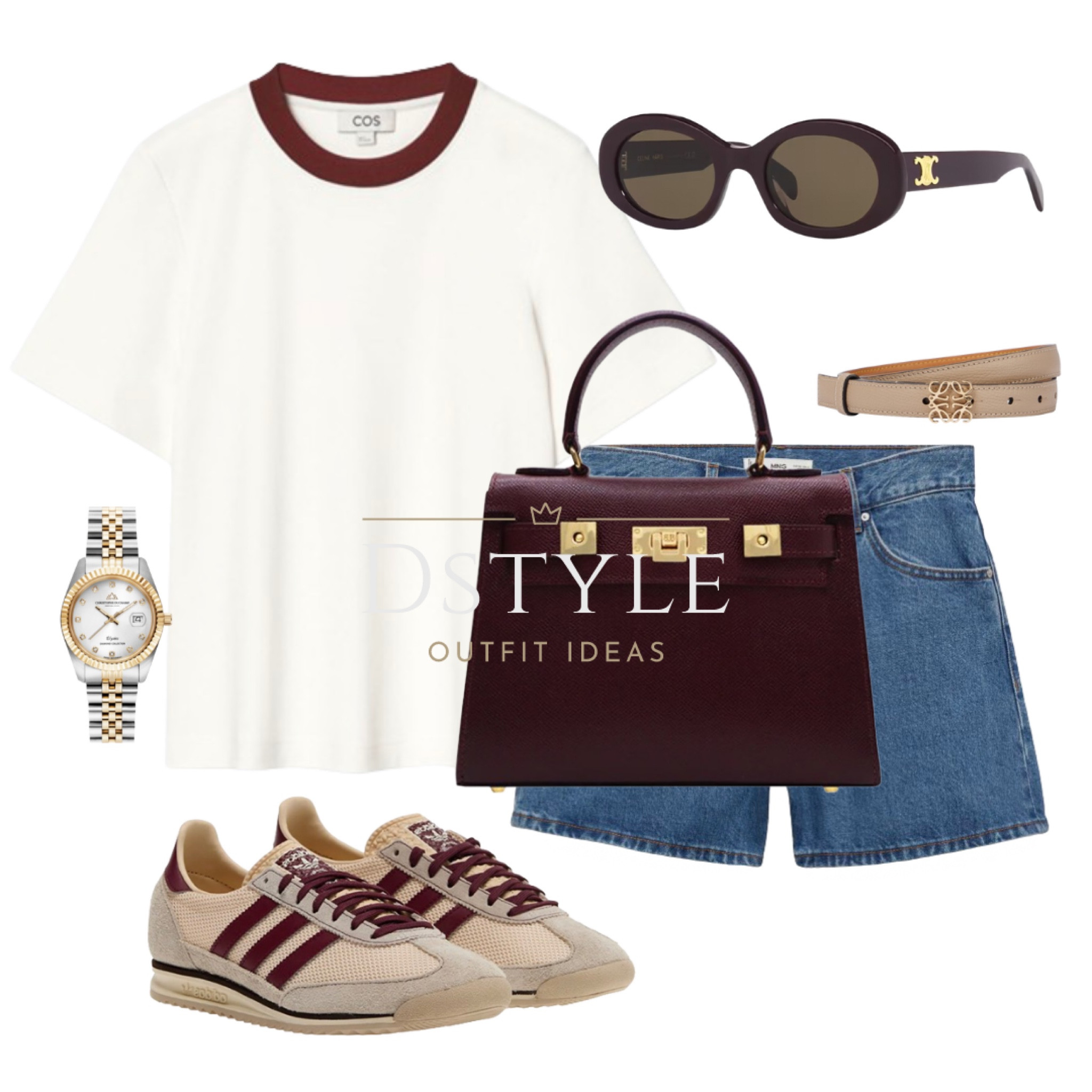Off-white t-shirt with burgundy detail, denim shorts, Adidas Sl72 in matching colors, leather handbag-wine, watch - Christophe Duchamp - Enjoy 85% OFF at checkout by using my discount code dstyle85 

CELINE sunglasses, Adidas sneakers, Adidas kicks, Adidas Sl trainers, summer outfit, travel outfit, easy fit

#LTKstyletip #LTKitbag #LTKtravel