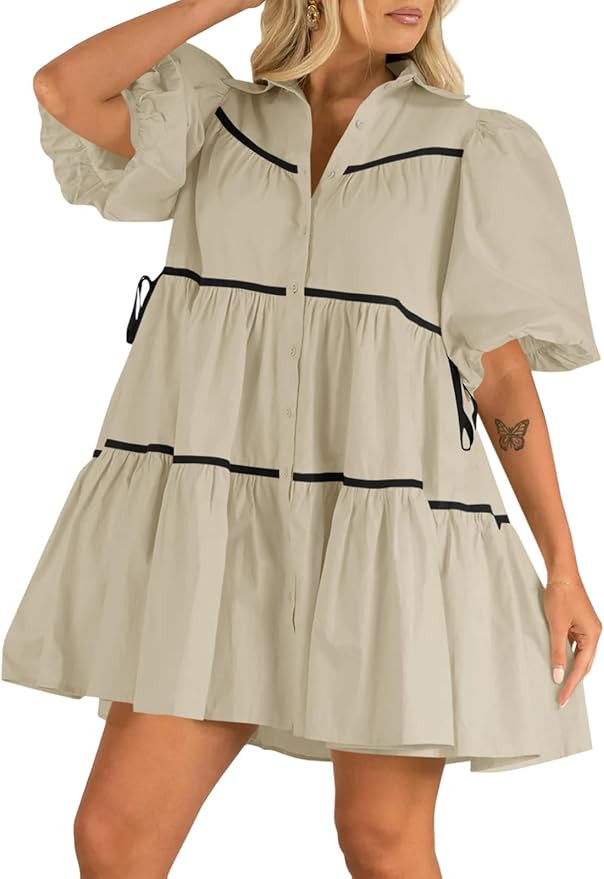 Wenrine Women's Summer Mini Dress Tiered Button Down Puff Short Sleeve Casual Loose Contrast Colo... | Amazon (US)